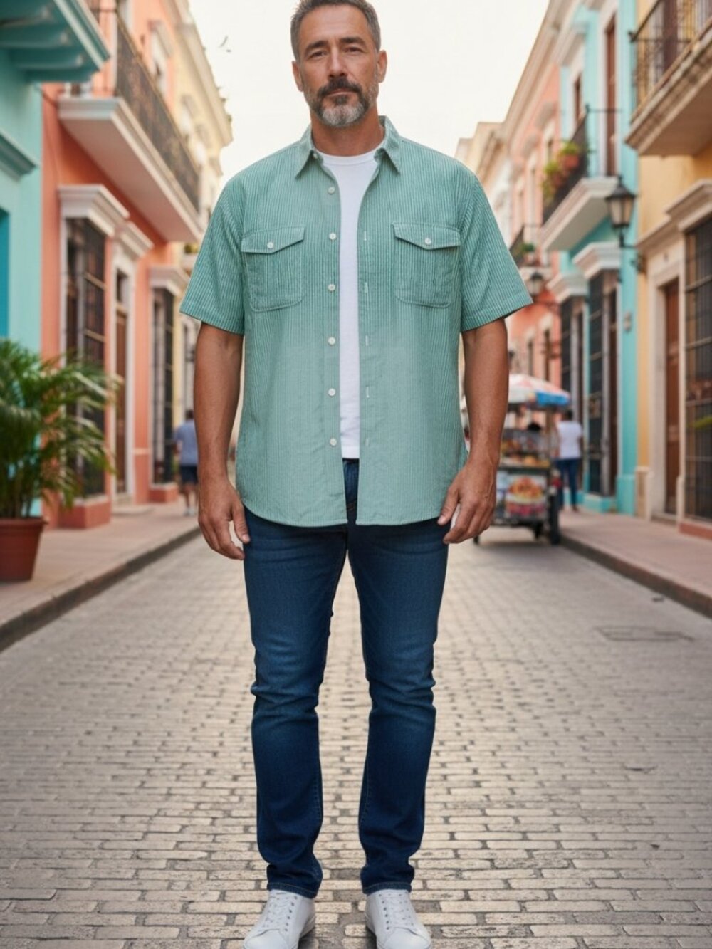 Eddie Bauer Linen Blend Green Strip Short-sleeve Button Down Shirt, Size XXL